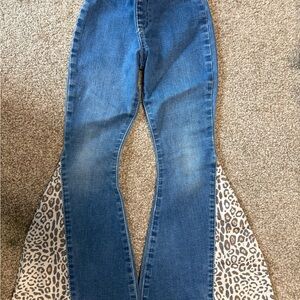 Girl’s Cowboy Hardware Blue Jeans with Leopard Print Flare and Rainbow Print